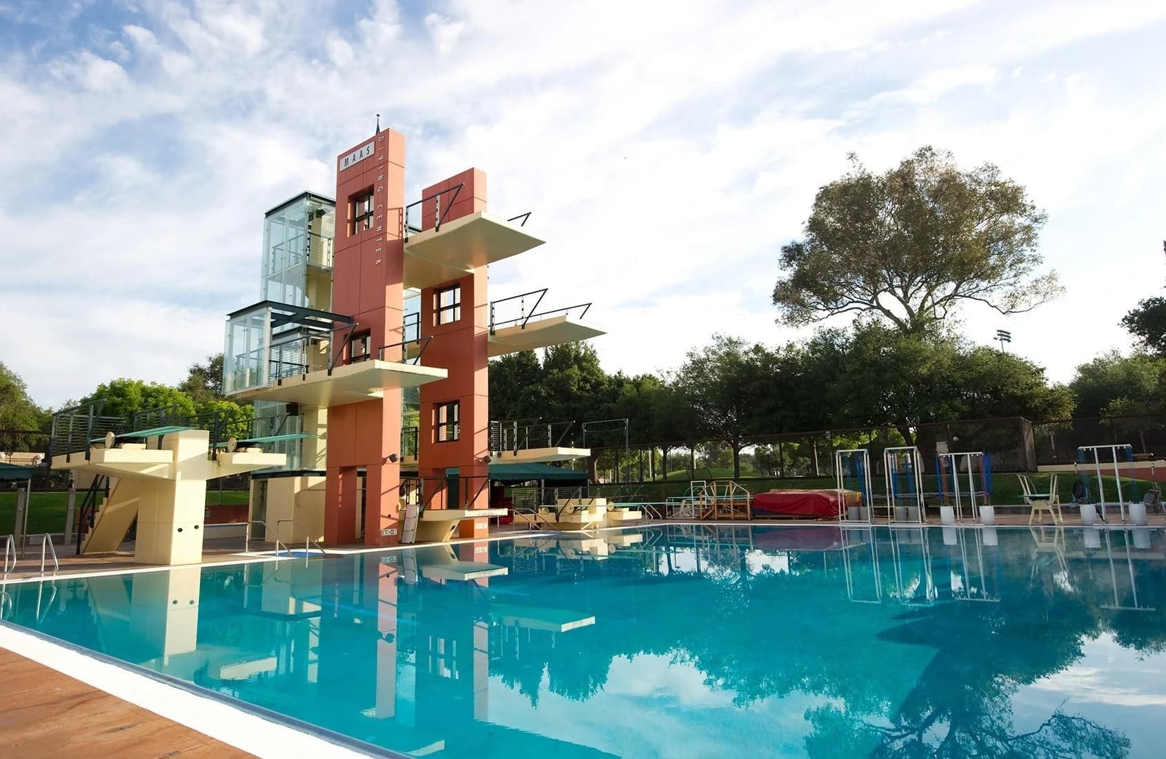 The diving pool and platform tower at the Maas Family Diving Center, Stanford University
